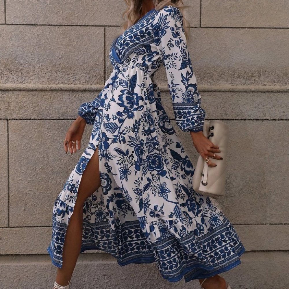 BLUE & WHITE FLORAL PRINT SPLIT THIGH DRESS TRENDING SUMMER BOHO CHIC - Picture 2 of 6